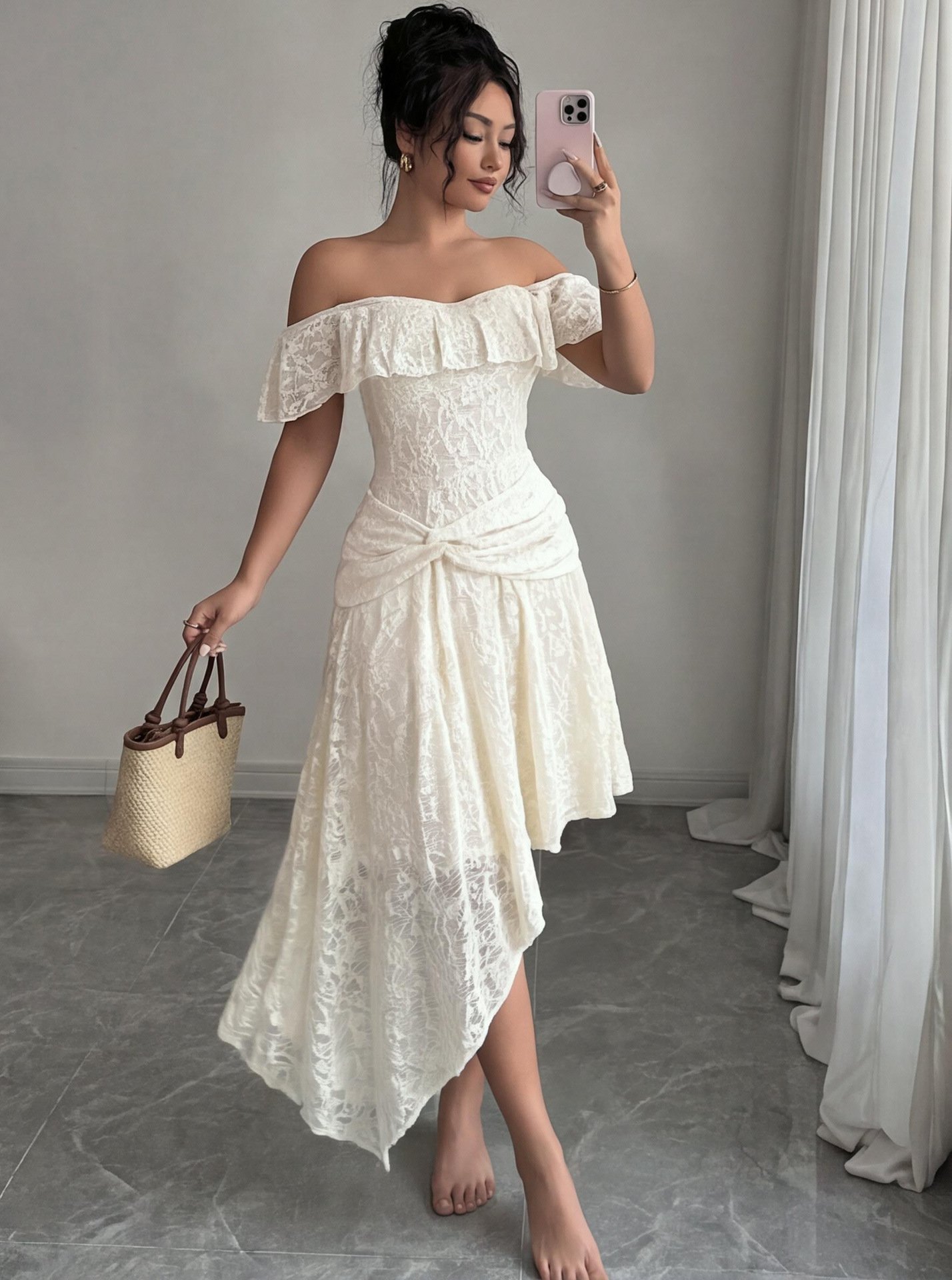 White Lace Off-Shoulder Asymmetric Midi Dress – Front View Front view of the white lace off-shoulder asymmetric midi dress, showing the silhouette and fit.