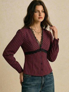 Angled front view of the burgundy lace-trim pinstripe blouse, showing its silhouette and design details.