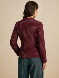 Back view of the burgundy lace-trim pinstripe blouse, showing its silhouette and design details.