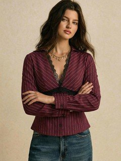 Front view of the burgundy lace-trim pinstripe blouse, showing its silhouette and design details.