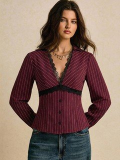 Full-length front view of the burgundy lace-trim pinstripe blouse, showing its silhouette and design details.