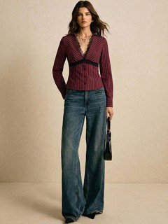 Styled front view of the burgundy lace-trim pinstripe blouse, showing its silhouette and design details.