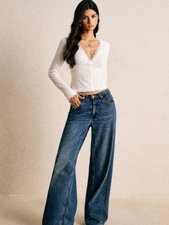 Angled front view of the ivory lace-trim v-neck ribbed top, showing its silhouette and design details.