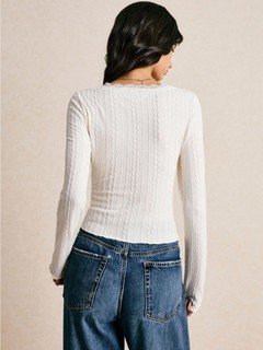 Back view of the ivory lace-trim v-neck ribbed top, showing its silhouette and design details.