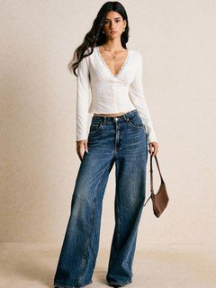 Full-length front view of the ivory lace-trim v-neck ribbed top, showing its silhouette and design details.