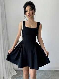 Front view of the black layering square-neck sleeveless skater mini dress, showing the silhouette and fit.