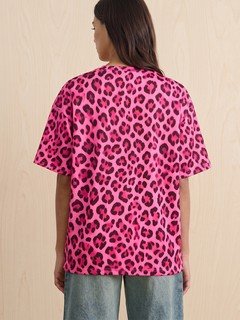 Back view of the pink leopard oversized crew-neck tee, showing its silhouette and design details.