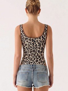 Back view of the brown leopard scoop-neck tank top, showing its silhouette and design details.