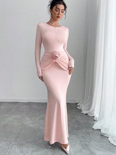 Full-length front view of the pink rosette-waist fishtail maxi dress, showing its silhouette and design details.