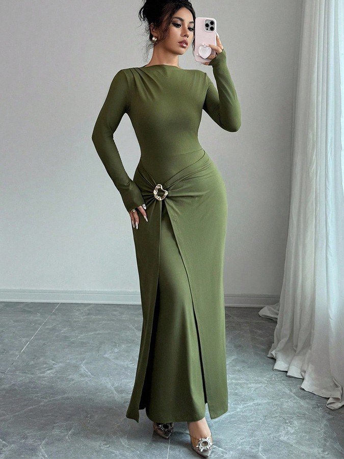 Front view of the olive green buckle-waist long-sleeve dress, showing its silhouette and design details.