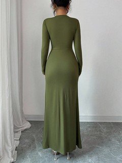 Back view of the olive green buckle-waist long-sleeve dress, showing its silhouette and design details.