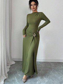 Full-length front view of the olive green buckle-waist long-sleeve dress, showing its silhouette and design details.