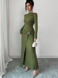 Styled front view of the olive green buckle-waist long-sleeve dress, showing its silhouette and design details.