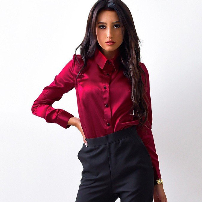 Front view of the burgundy long-sleeve satin button-up blouse, showing the silhouette and fit.