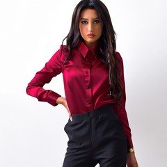 Front view of the burgundy long-sleeve satin button-up blouse, showing the silhouette and fit.