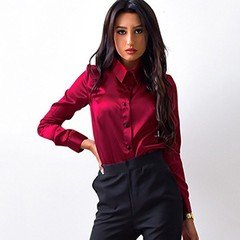 Front view of the burgundy long-sleeve satin button-up blouse, showing the silhouette and fit.