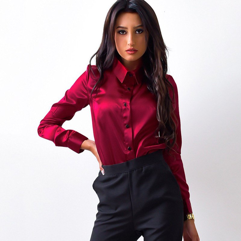 Burgundy Long-Sleeve Satin Button-Up Blouse – Front View Front view of the burgundy long-sleeve satin button-up blouse, showing the silhouette and fit.