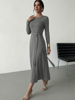 Full-length front view of the gray tie-waist long-sleeve midi dress, showing its silhouette and design details.
