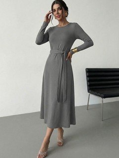 Styled front view of the gray tie-waist long-sleeve midi dress, showing its silhouette and design details.