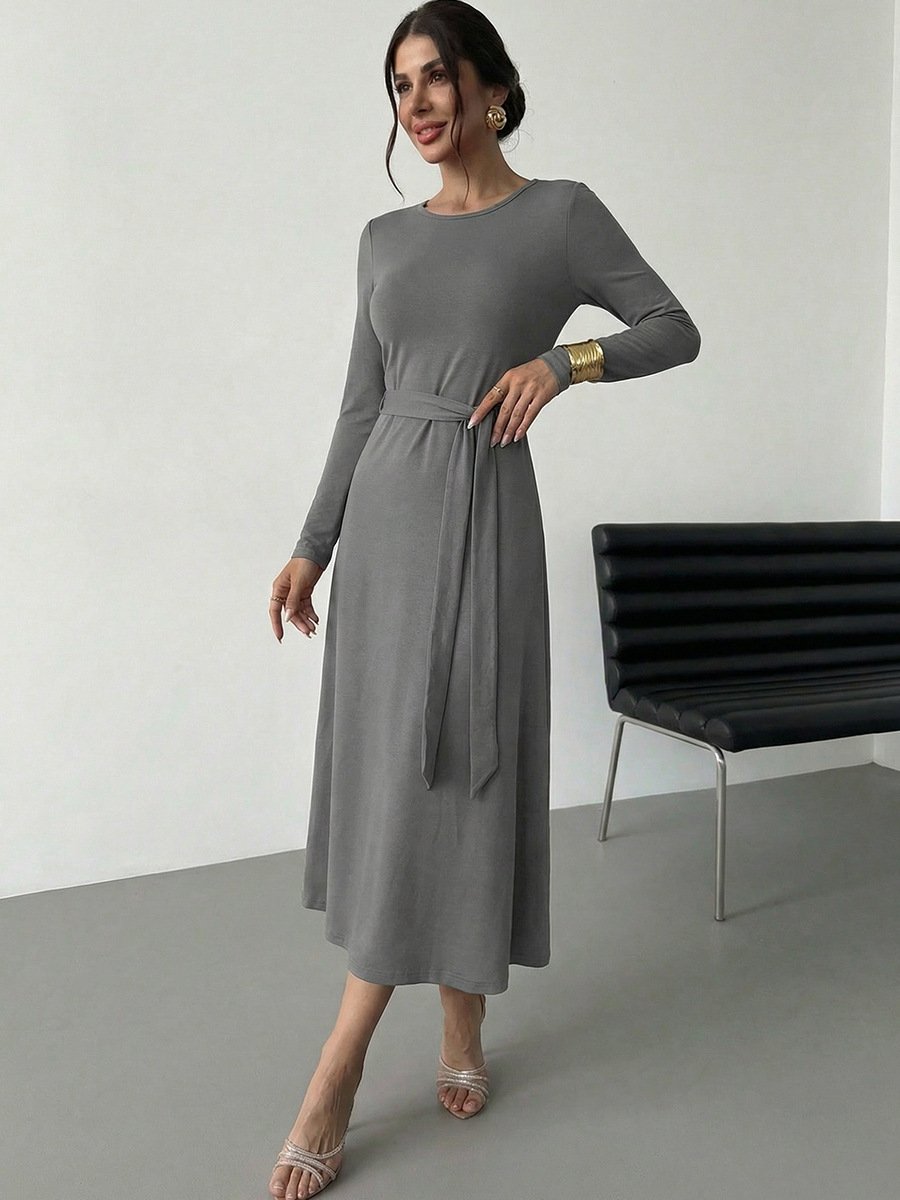 Gray Tie-Waist Long-Sleeve Midi Dress – Front View Front view of the gray tie-waist long-sleeve midi dress, showing its silhouette and design details.