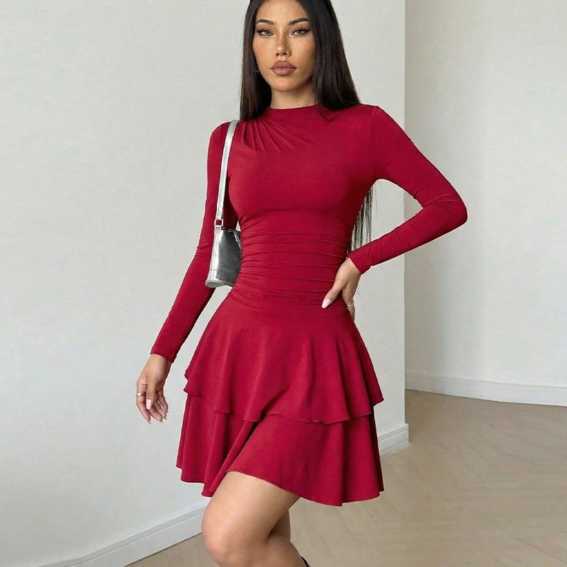 Red Long-Sleeve Tiered Ruffle Dress – Front View Front view of the red long-sleeve tiered ruffle dress, showing its silhouette and design details.