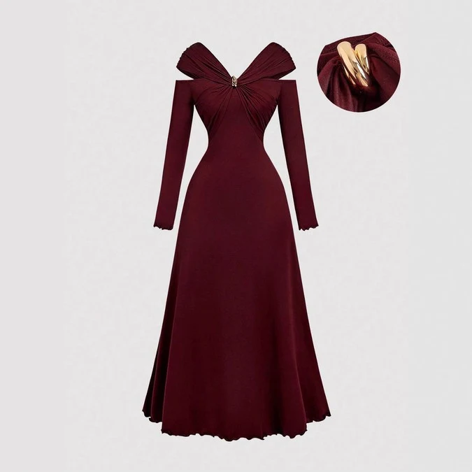 Garment front view of the burgundy off-shoulder pleated a-line midi dress, showing the silhouette and fit.