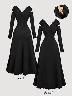 Front and back product view of the black off-shoulder pleated a-line midi dress, showing the silhouette and fit.
