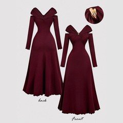 Front and back product view of the burgundy off-shoulder pleated a-line midi dress, showing the silhouette and fit.