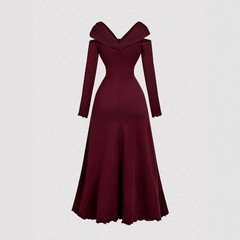 Garment front view of the burgundy off-shoulder pleated a-line midi dress, showing the silhouette and fit.