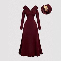 Garment front view of the burgundy off-shoulder pleated a-line midi dress, showing the silhouette and fit.