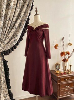 Mannequin front view of the burgundy off-shoulder pleated a-line midi dress, showing the silhouette and fit.
