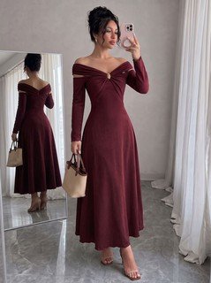 Model front view of the burgundy off-shoulder pleated a-line midi dress, showing the silhouette and fit.