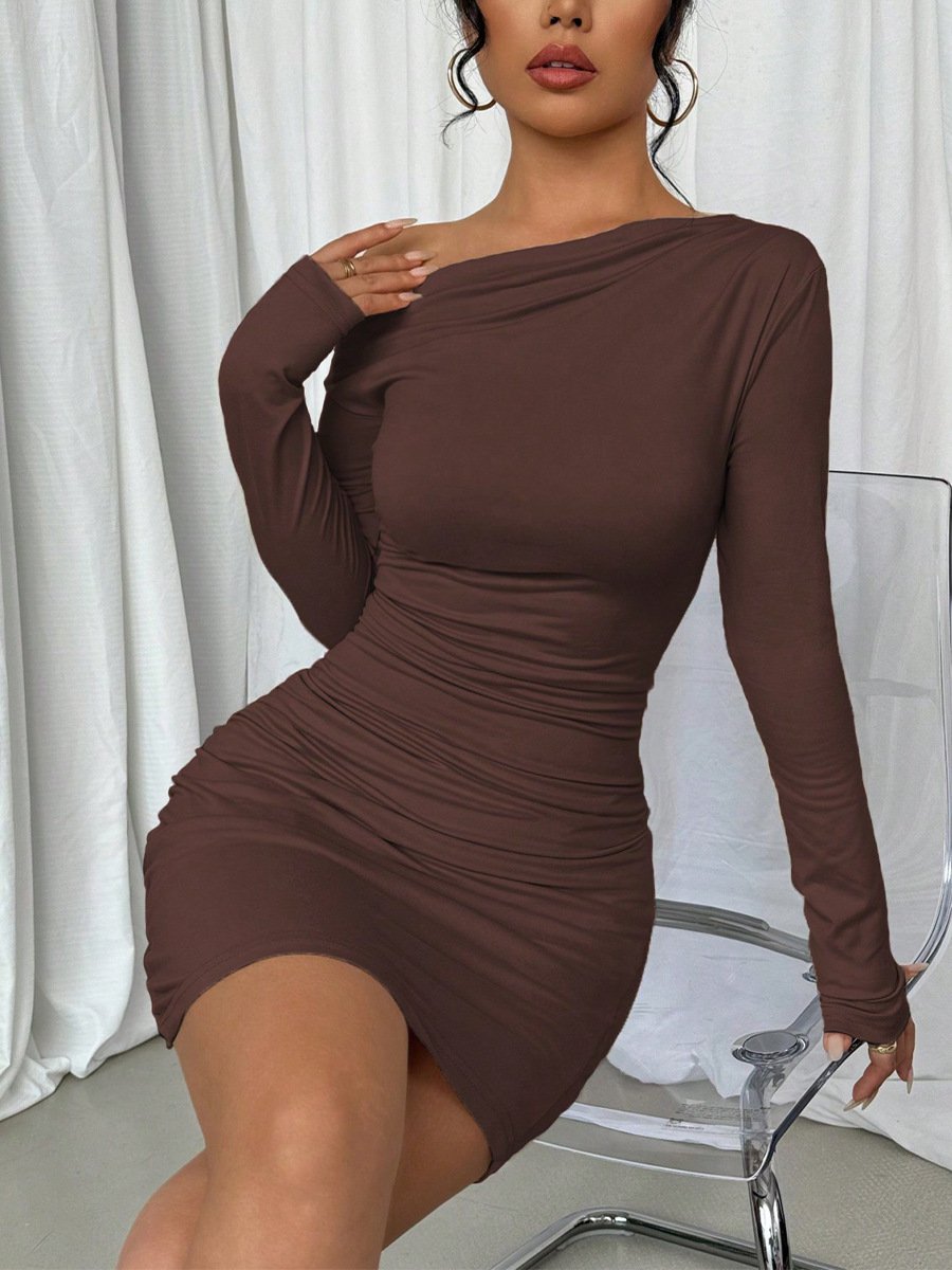 Brown One-Shoulder Ruched Mini Dress – Front View Front view of the brown one-shoulder ruched mini dress, showing its silhouette and design details.