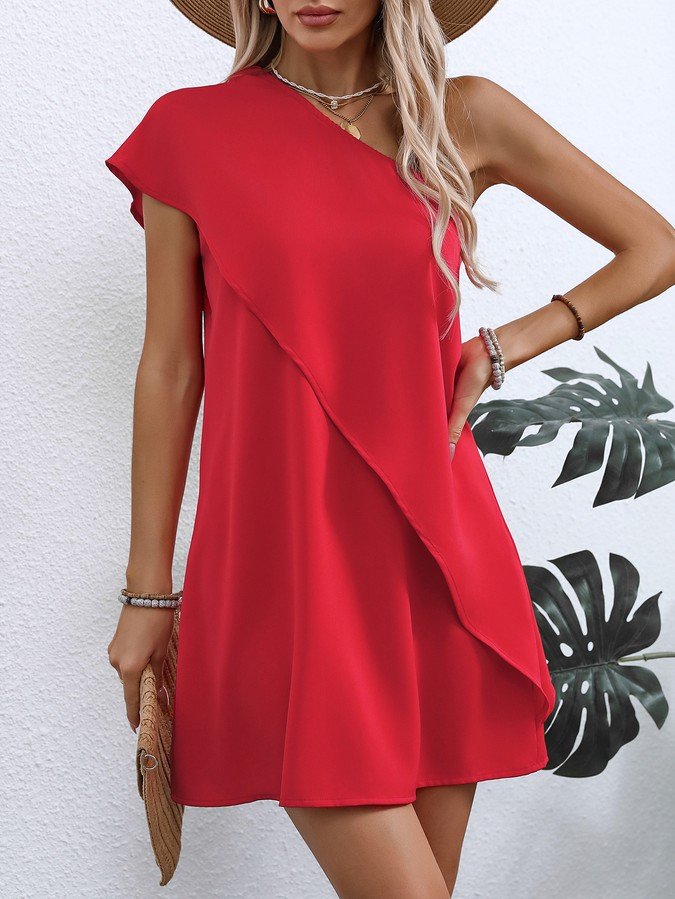 Angled front view of the red one-shoulder overlay mini dress, showing its silhouette and design details.