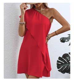 Front view of the red one-shoulder overlay mini dress, showing its silhouette and design details.