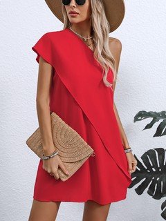 Lifestyle front view of the red one-shoulder overlay mini dress, showing its silhouette and design details.