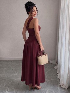 Garment front view of the burgundy one-shoulder pleated a-line midi dress, showing the silhouette and fit.