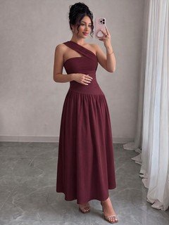Mannequin back view of the burgundy one-shoulder pleated a-line midi dress, showing the silhouette and fit.