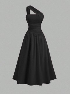 Mannequin front view of the burgundy one-shoulder pleated a-line midi dress, showing the silhouette and fit.