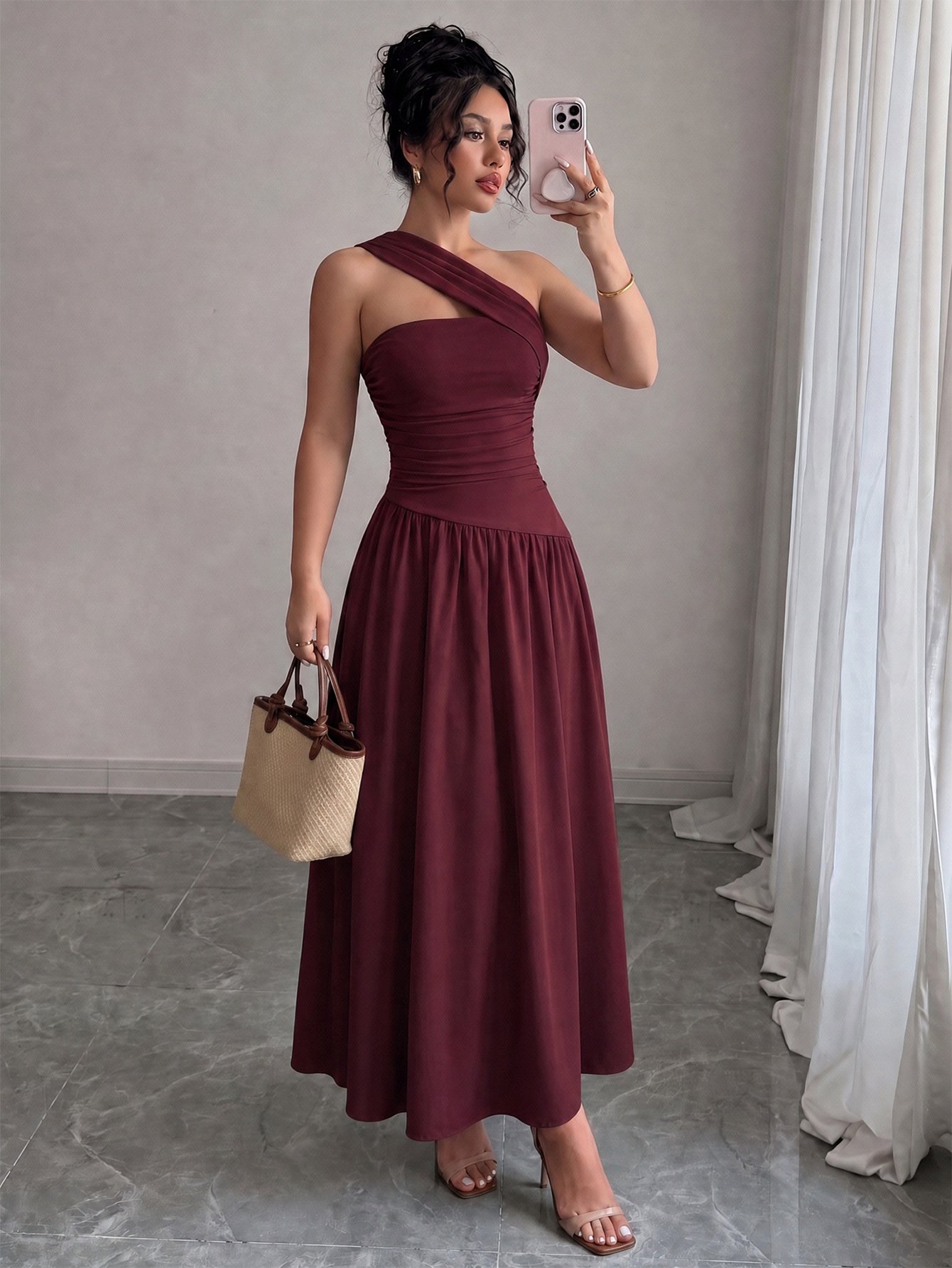 Burgundy One-Shoulder Pleated A-Line Midi Dress – Model Front View Model front view of the burgundy one-shoulder pleated a-line midi dress, showing the silhouette and fit.