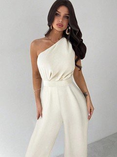 Angled front view of the ivory one-shoulder tie-waist wide-leg jumpsuit, showing the silhouette and fit.