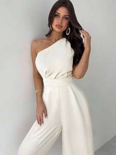 Front close up of the ivory one-shoulder tie-waist wide-leg jumpsuit, showing one-shoulder drape, tie waist and wide legs.