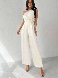 Front view of the ivory one-shoulder tie-waist wide-leg jumpsuit, showing the silhouette and fit.