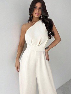 Styled front view of the ivory one-shoulder tie-waist wide-leg jumpsuit, showing the silhouette and fit.