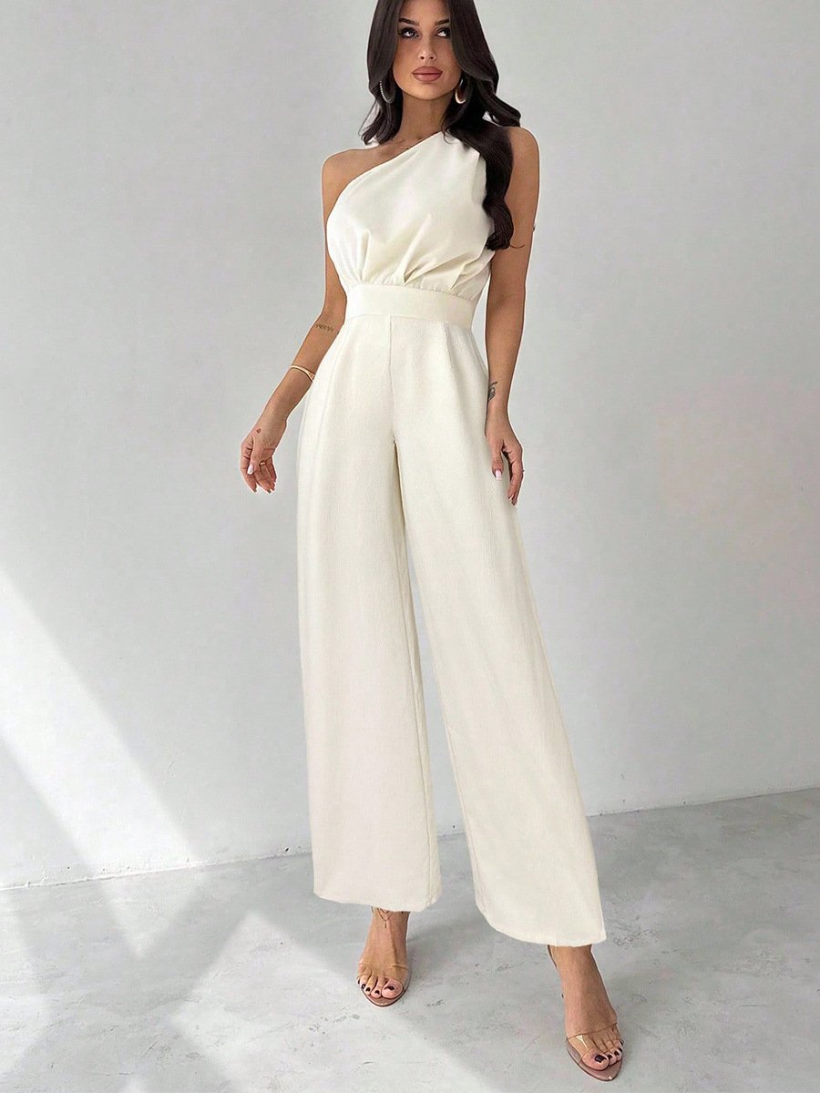 Ivory One-Shoulder Tie-Waist Wide-Leg Jumpsuit – Front View Front view of the ivory one-shoulder tie-waist wide-leg jumpsuit, showing the silhouette and fit.