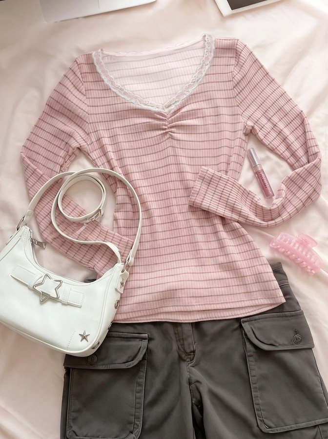 Alternate flat lay of the pink pink striped lace-trim v-neck long-sleeve top, showing the garment shape and available styling.