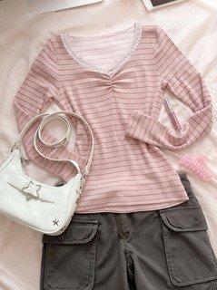 Alternate flat lay of the pink pink striped lace-trim v-neck long-sleeve top, showing the garment shape and available styling.