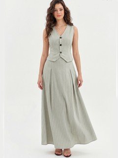 Front view of the light gray pinstripe vest and maxi skirt set, showing its silhouette and design details.