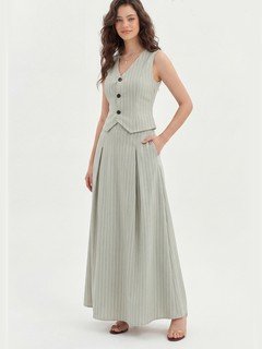 Full-length front view of the light gray pinstripe vest and maxi skirt set, showing its silhouette and design details.