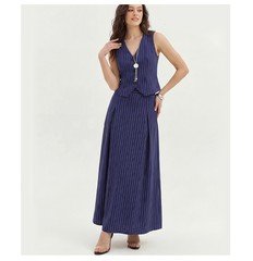 Front view of the navy pinstripe vest and maxi skirt set, showing its silhouette and design details.